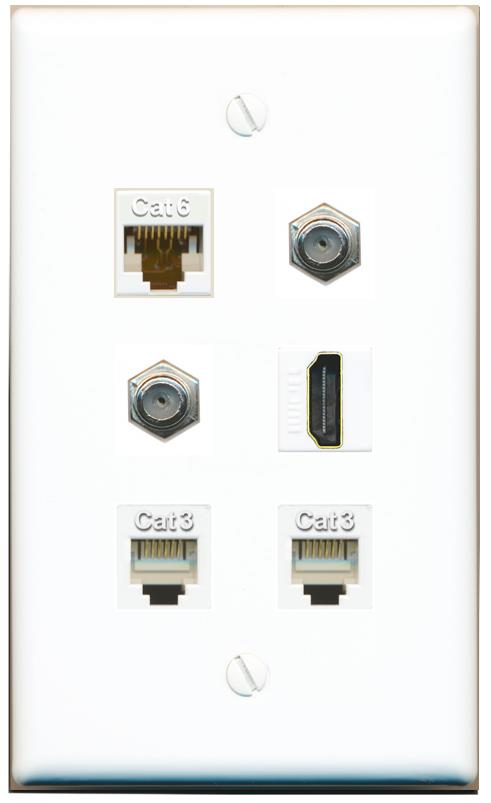  CAT6 2 COAX HDMI 2 PHONE Flat/Solid Wall Plate [White]