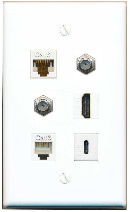  CAT6 2 COAX HDMI PHONE USBC Flat/Solid Wall Plate [White]