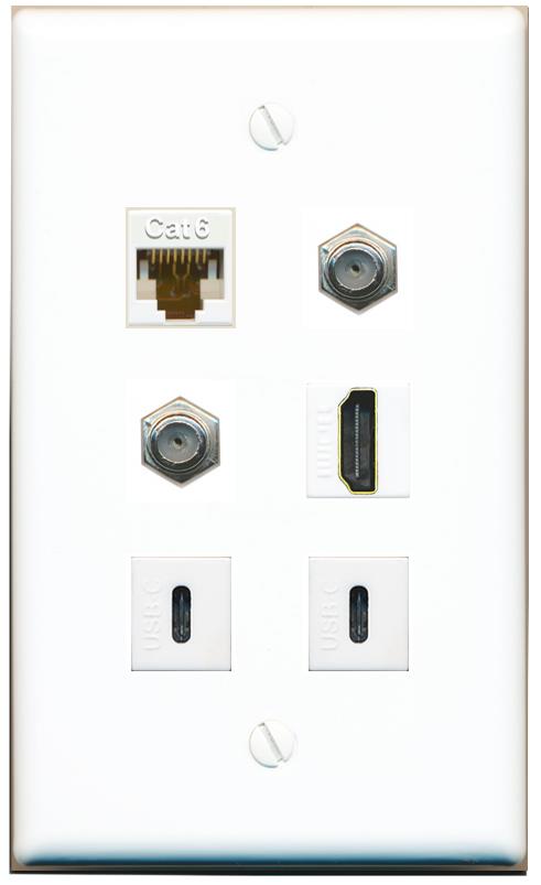  CAT6 2 COAX HDMI 2 USBC Flat/Solid Wall Plate [White]