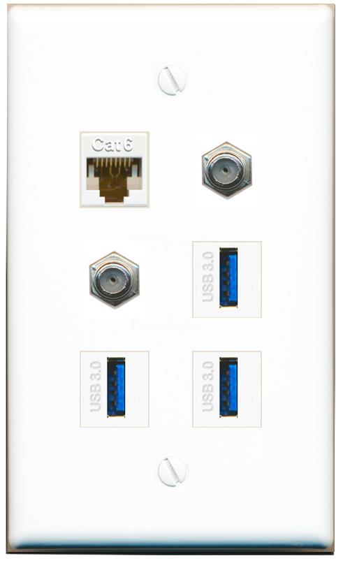  CAT6 2 COAX 3 USB-3 Flat/Solid Wall Plate [White]