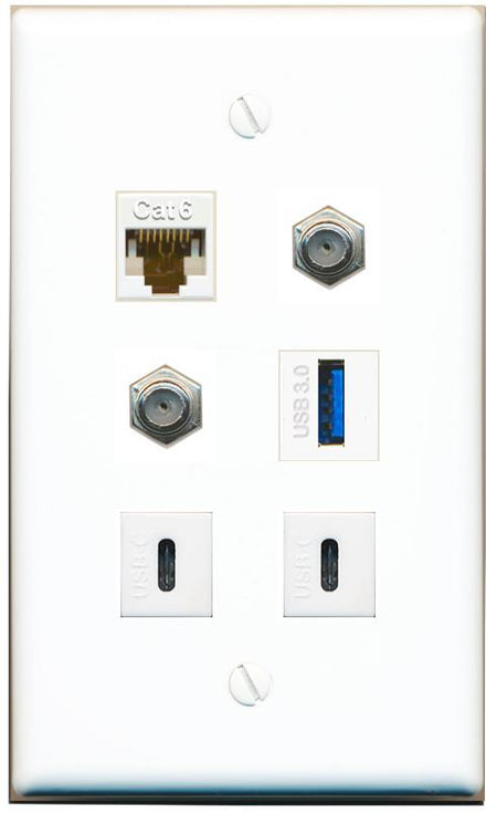  CAT6 2 COAX USB-3 2 USBC Flat/Solid Wall Plate [White]
