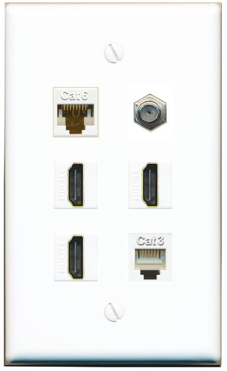  CAT6 COAX 3 HDMI PHONE Flat/Solid Wall Plate [White]
