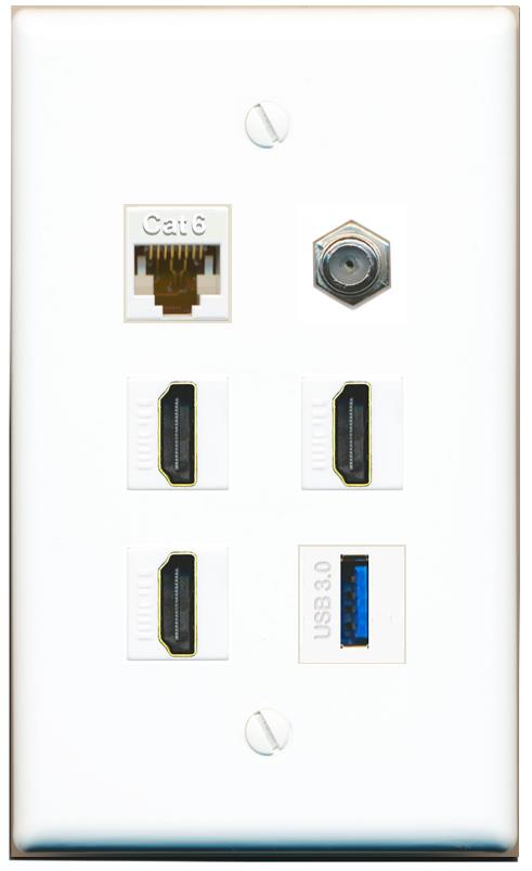  CAT6 COAX 3 HDMI USB-3 Flat/Solid Wall Plate [White]