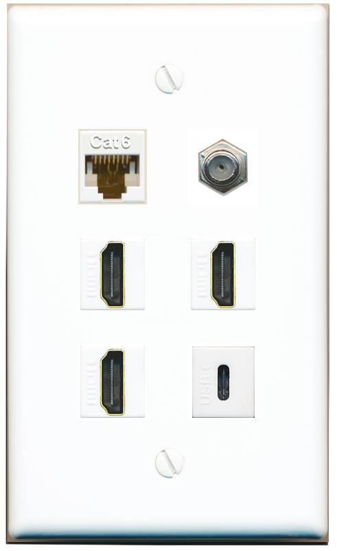  CAT6 COAX 3 HDMI USBC Flat/Solid Wall Plate [White]