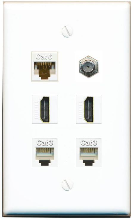  CAT6 COAX 2 HDMI 2 PHONE Flat/Solid Wall Plate [White]