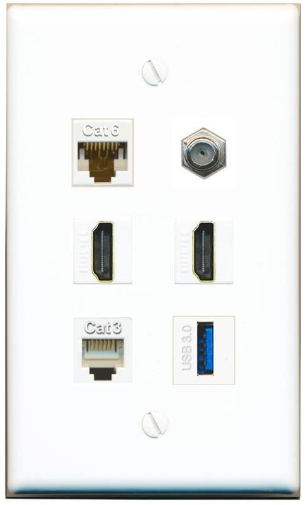  CAT6 COAX 2 HDMI PHONE USB-3 Flat/Solid Wall Plate [White]