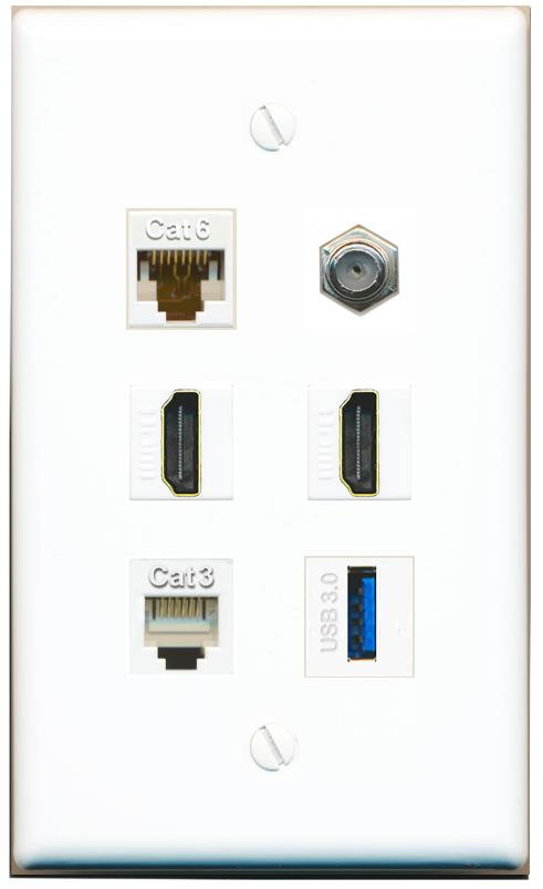  CAT6 COAX 2 HDMI PHONE USB-3 Flat/Solid Wall Plate [White]