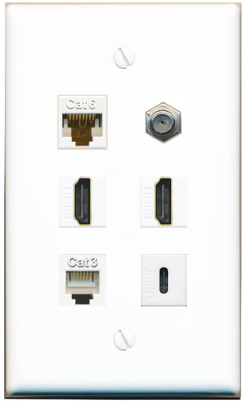  CAT6 COAX 2 HDMI PHONE USBC Flat/Solid Wall Plate [White]
