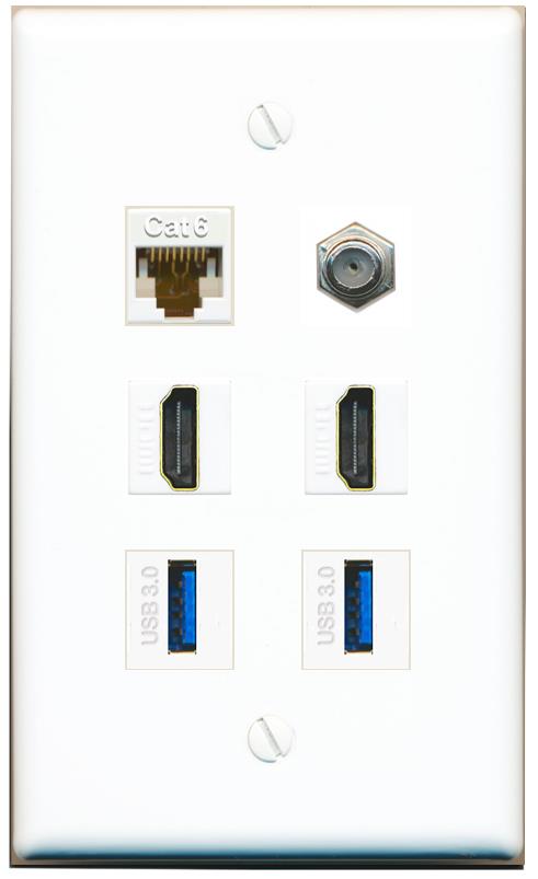  CAT6 COAX 2 HDMI 2 USB-3 Flat/Solid Wall Plate [White]