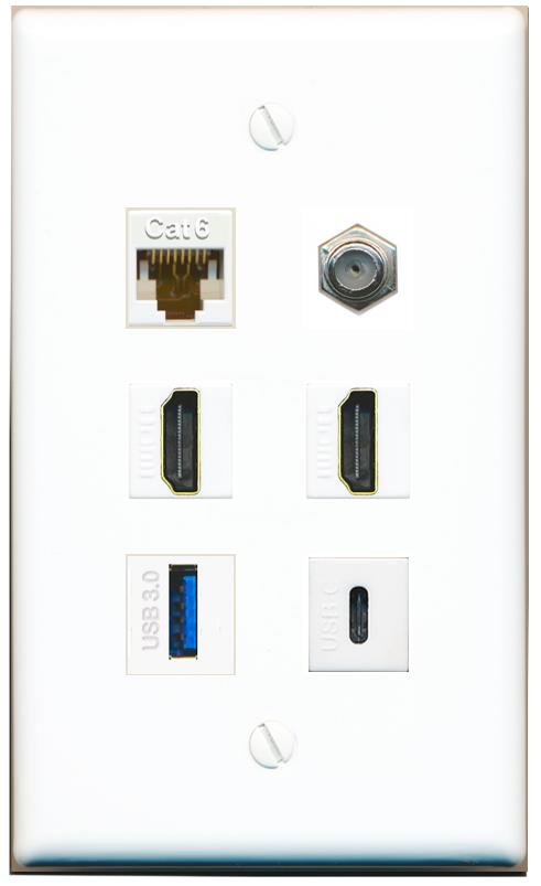  CAT6 COAX 2 HDMI USB-3 USBC Flat/Solid Wall Plate [White]