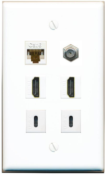 CAT6 COAX 2 HDMI 2 USBC Flat/Solid Wall Plate [White]