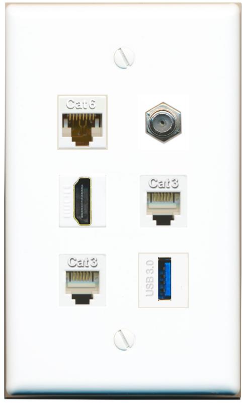  CAT6 COAX HDMI 2 PHONE USB-3 Flat/Solid Wall Plate [White]