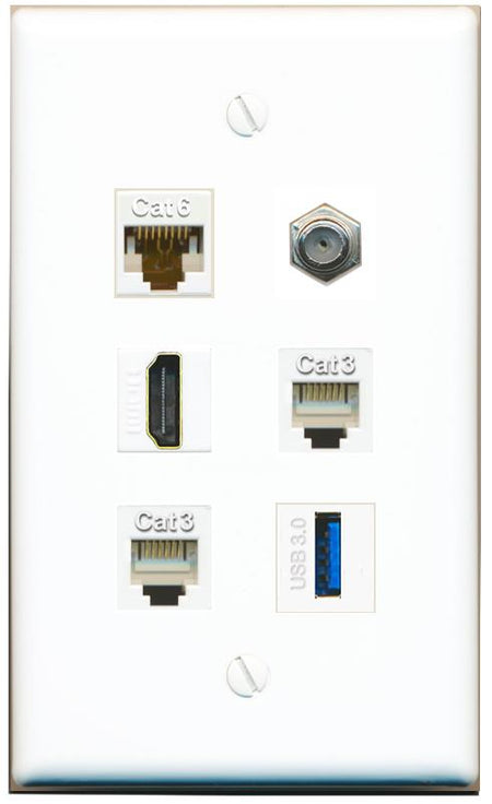  CAT6 COAX HDMI 2 PHONE USB-3 Flat/Solid Wall Plate [White]