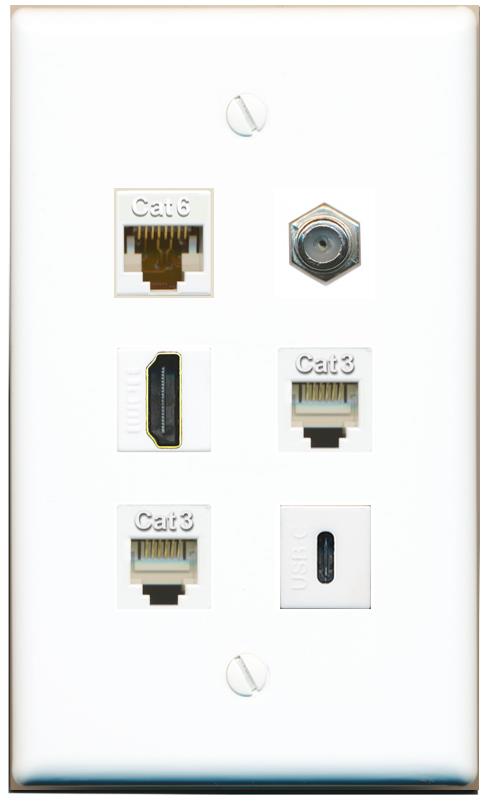  CAT6 COAX HDMI 2 PHONE USBC Flat/Solid Wall Plate [White]