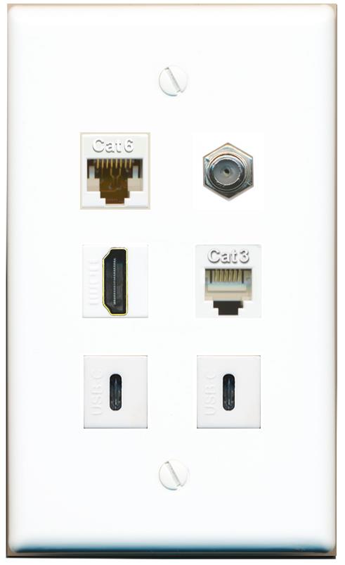  CAT6 COAX HDMI PHONE 2 USBC Flat/Solid Wall Plate [White]