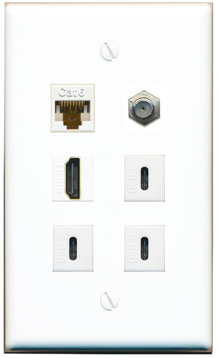  CAT6 COAX HDMI 3 USBC Flat/Solid Wall Plate [White]