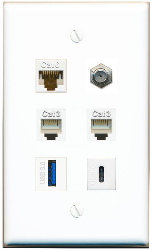  CAT6 COAX 2 PHONE USB-3 USBC Flat/Solid Wall Plate [White]