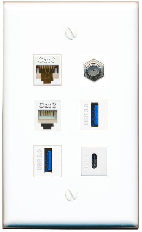  CAT6 COAX PHONE 2 USB-3 USBC Flat/Solid Wall Plate [White]