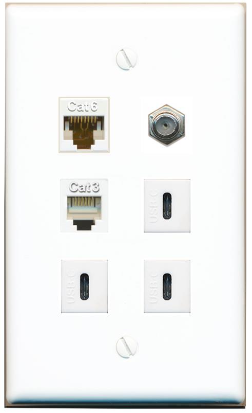  CAT6 COAX PHONE 3 USBC Flat/Solid Wall Plate [White]