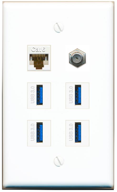  CAT6 COAX 4 USB-3 Flat/Solid Wall Plate [White]