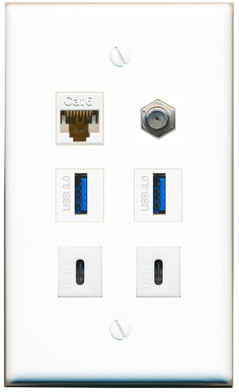 CAT6 COAX 2 USB-3 2 USBC Flat/Solid Wall Plate [White]