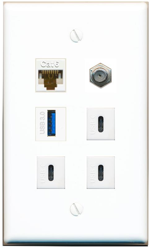  CAT6 COAX USB-3 3 USBC Flat/Solid Wall Plate [White]