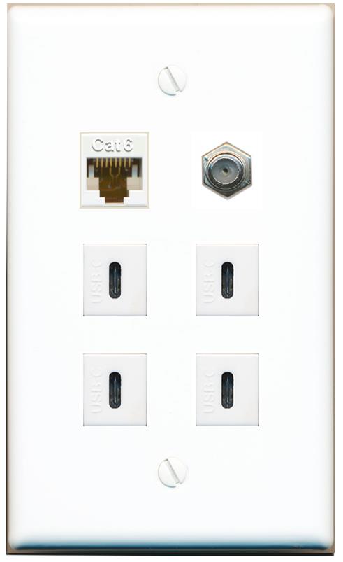  CAT6 COAX 4 USBC Flat/Solid Wall Plate [White]