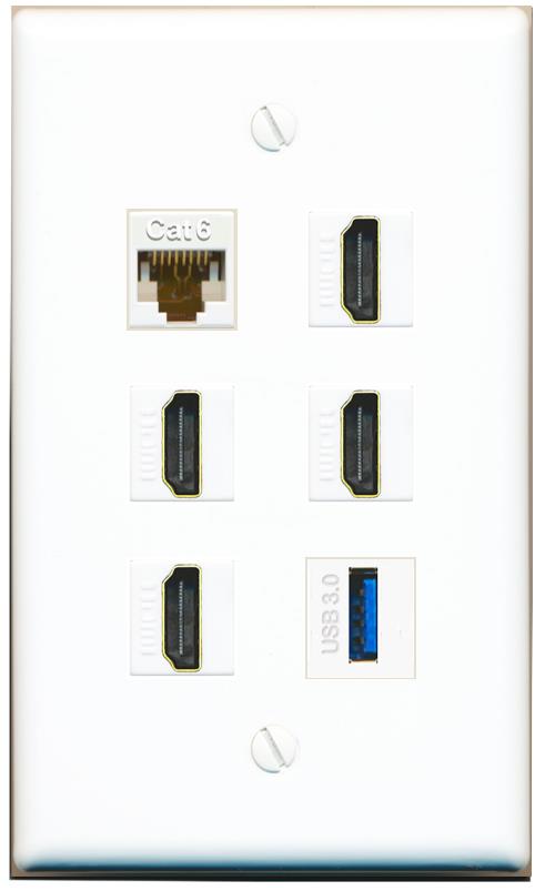 CAT6 4 HDMI USB-3 Flat/Solid Wall Plate [White]