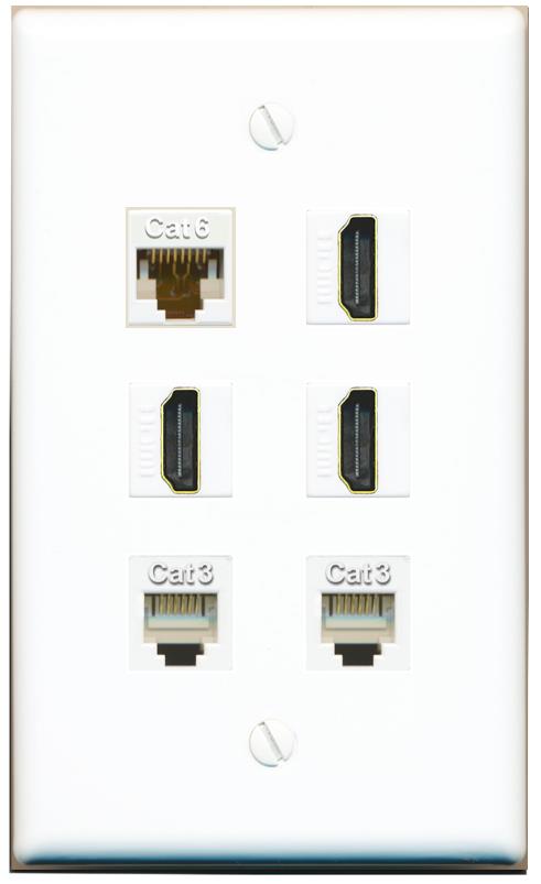  CAT6 3 HDMI 2 PHONE Flat/Solid Wall Plate [White]