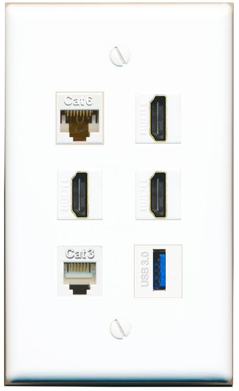  CAT6 3 HDMI PHONE USB-3 Flat/Solid Wall Plate [White]