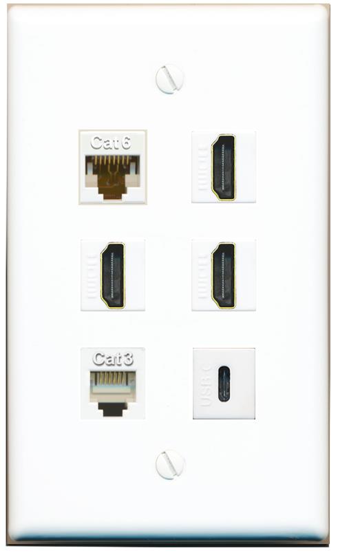  CAT6 3 HDMI PHONE USBC Flat/Solid Wall Plate [White]