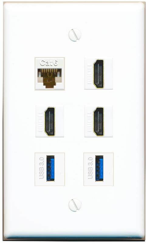  CAT6 3 HDMI 2 USB-3 Flat/Solid Wall Plate [White]