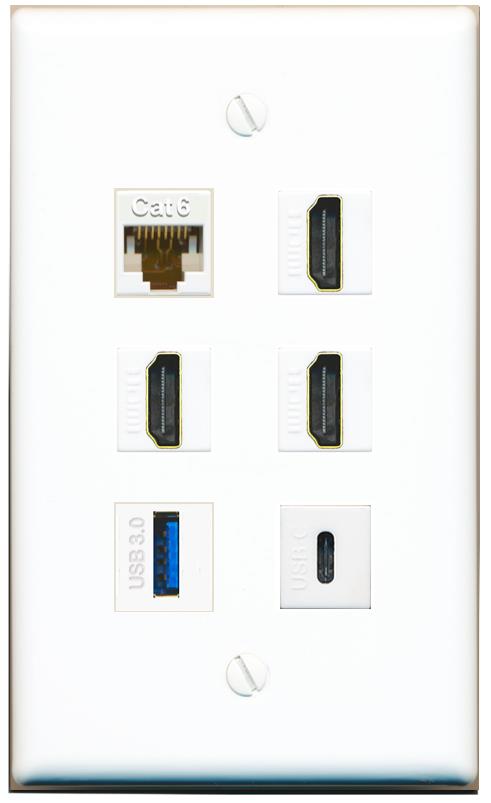  CAT6 3 HDMI USB-3 USBC Flat/Solid Wall Plate [White]