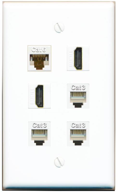  CAT6 2 HDMI 3 PHONE Flat/Solid Wall Plate [White]