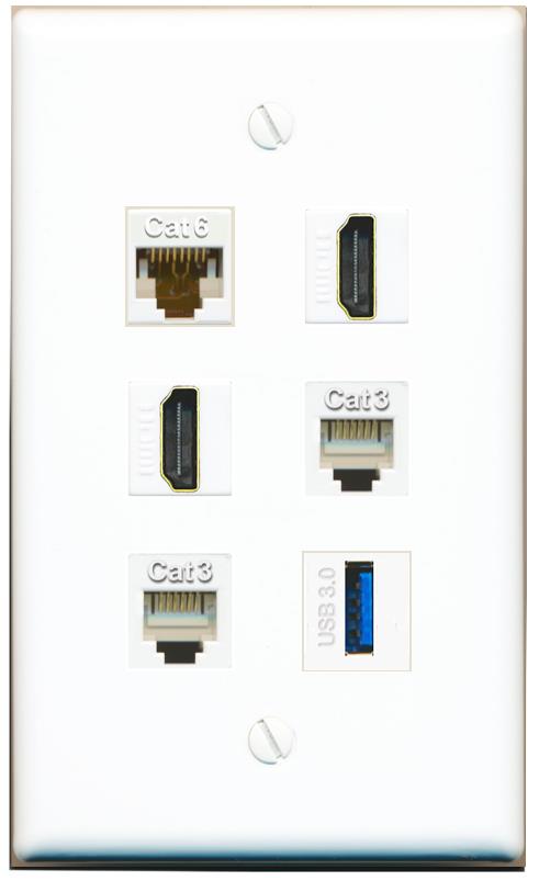  CAT6 2 HDMI 2 PHONE USB-3 Flat/Solid Wall Plate [White]