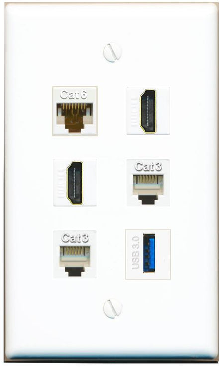  CAT6 2 HDMI 2 PHONE USB-3 Flat/Solid Wall Plate [White]
