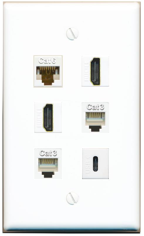  CAT6 2 HDMI 2 PHONE USBC Flat/Solid Wall Plate [White]