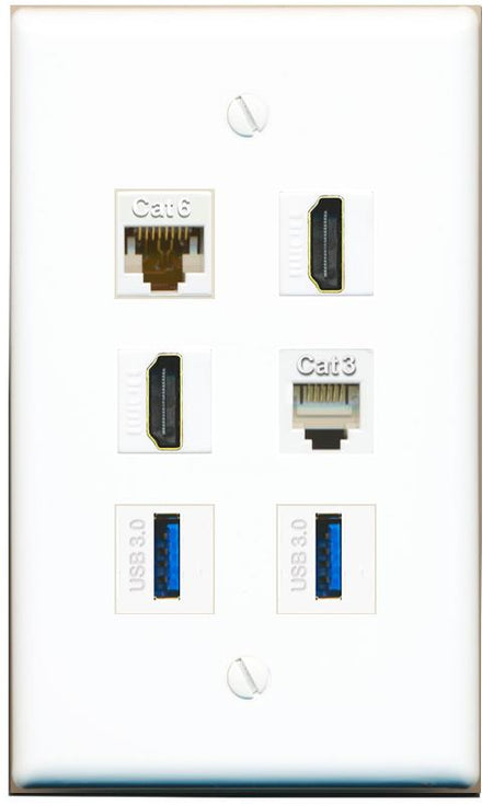  CAT6 2 HDMI PHONE 2 USB-3 Flat/Solid Wall Plate [White]