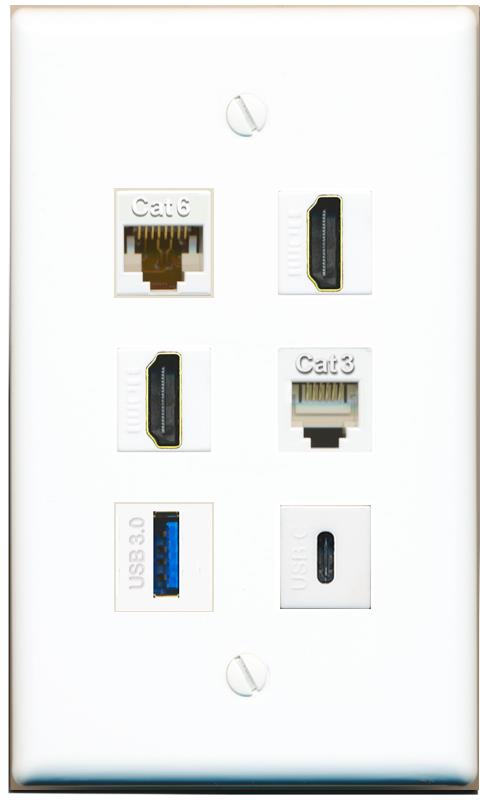  CAT6 2 HDMI PHONE USB-3 USBC Flat/Solid Wall Plate [White]