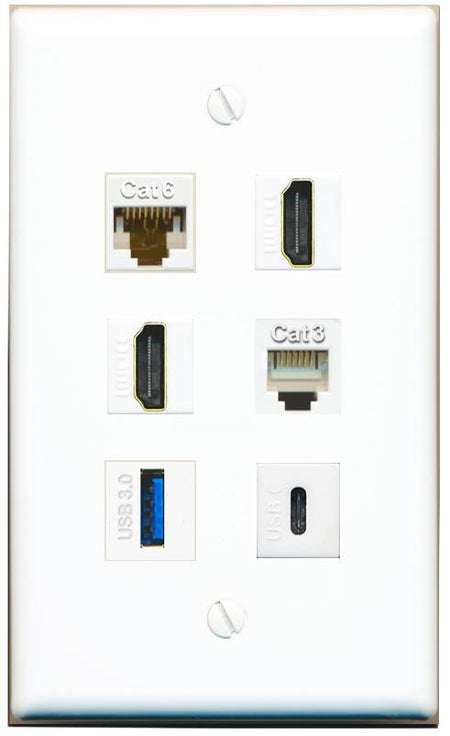  CAT6 2 HDMI PHONE USB-3 USBC Flat/Solid Wall Plate [White]