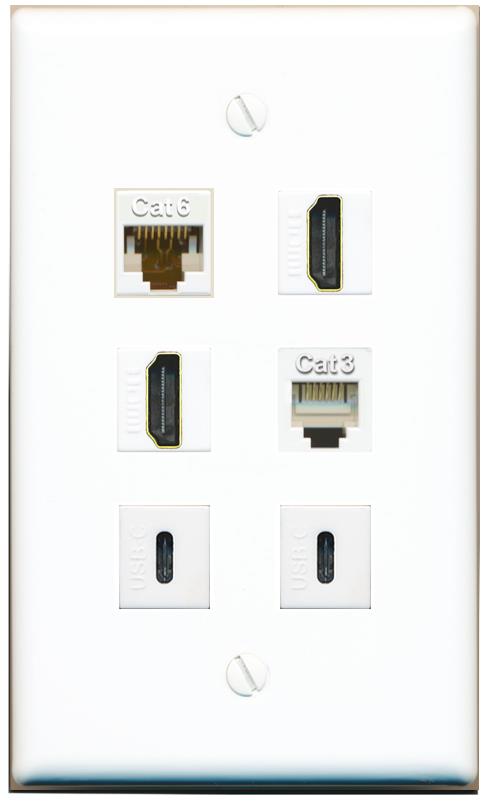  CAT6 2 HDMI PHONE 2 USBC Flat/Solid Wall Plate [White]