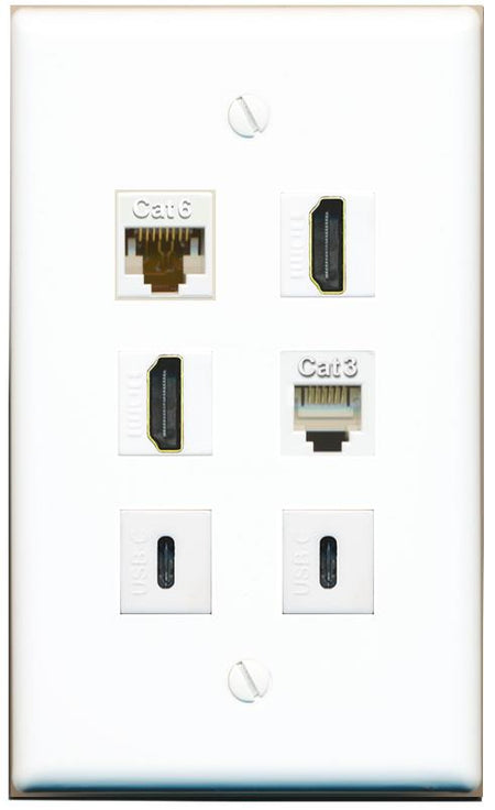  CAT6 2 HDMI PHONE 2 USBC Flat/Solid Wall Plate [White]