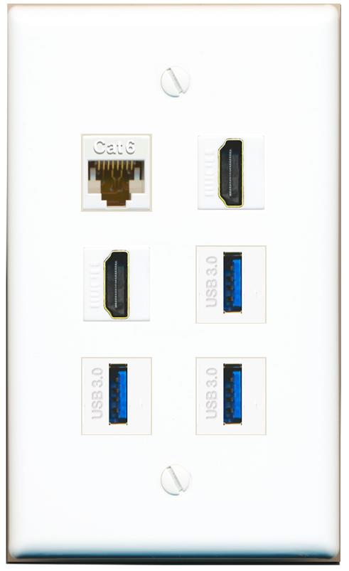  CAT6 2 HDMI 3 USB-3 Flat/Solid Wall Plate [White]