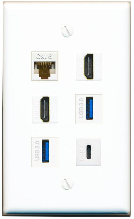  CAT6 2 HDMI 2 USB-3 USBC Flat/Solid Wall Plate [White]