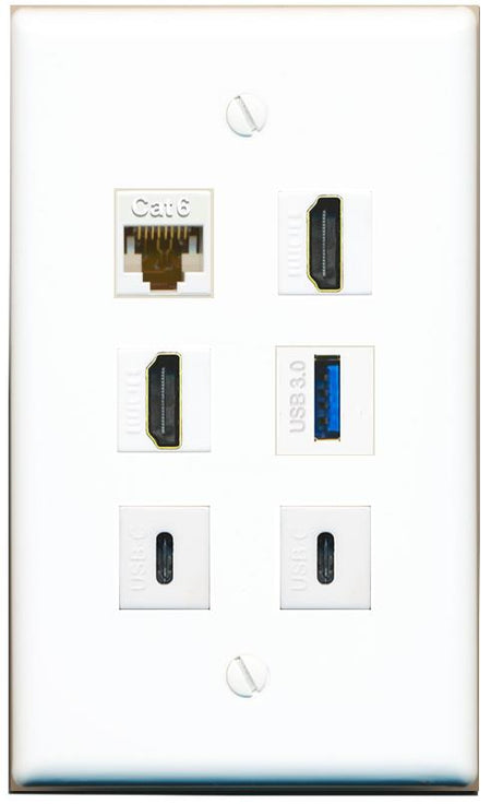  CAT6 2 HDMI USB-3 2 USBC Flat/Solid Wall Plate [White]