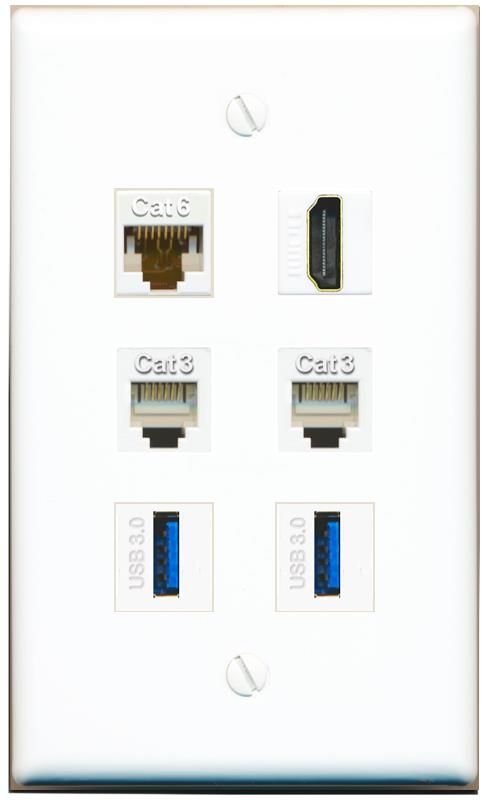  CAT6 HDMI 2 PHONE 2 USB-3 Flat/Solid Wall Plate [White]