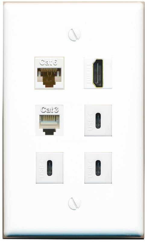  CAT6 HDMI PHONE 3 USBC Flat/Solid Wall Plate [White]
