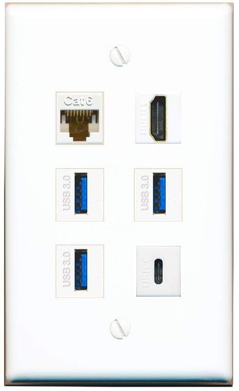  CAT6 HDMI 3 USB-3 USBC Flat/Solid Wall Plate [White]