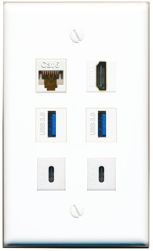  CAT6 HDMI 2 USB-3 2 USBC Flat/Solid Wall Plate [White]