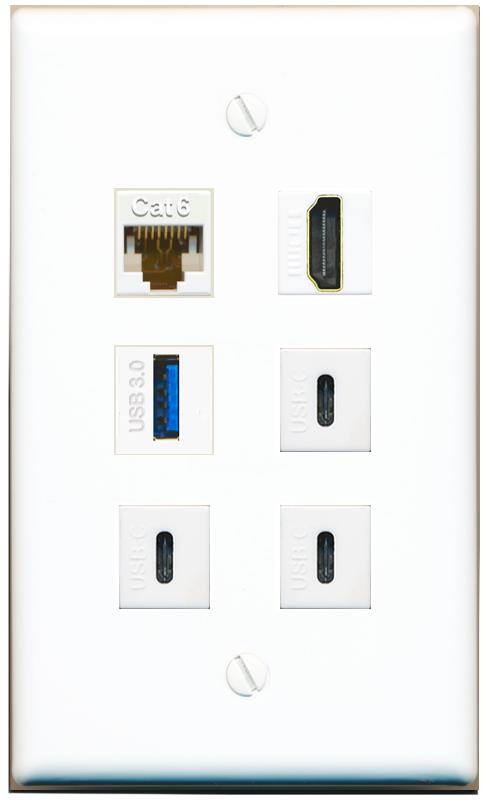 CAT6 HDMI USB-3 3 USBC Flat/Solid Wall Plate [White]